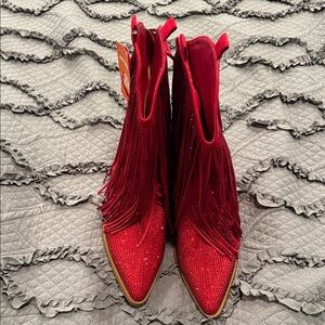 NWT Red Fringe Rhinestone Women's Boots